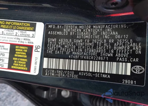 2012 Toyota Camry Le from USA, damaged, VIN 4T4BF1FK6CR228671